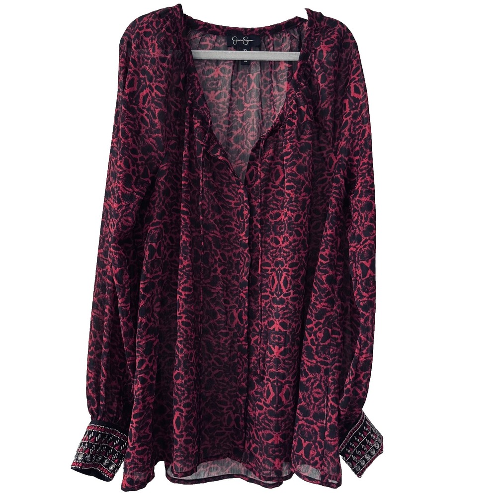 Jessica Simpson Boho Beaded Cuff Sheer Leopard Print Boho Peasant Blouse XS Red